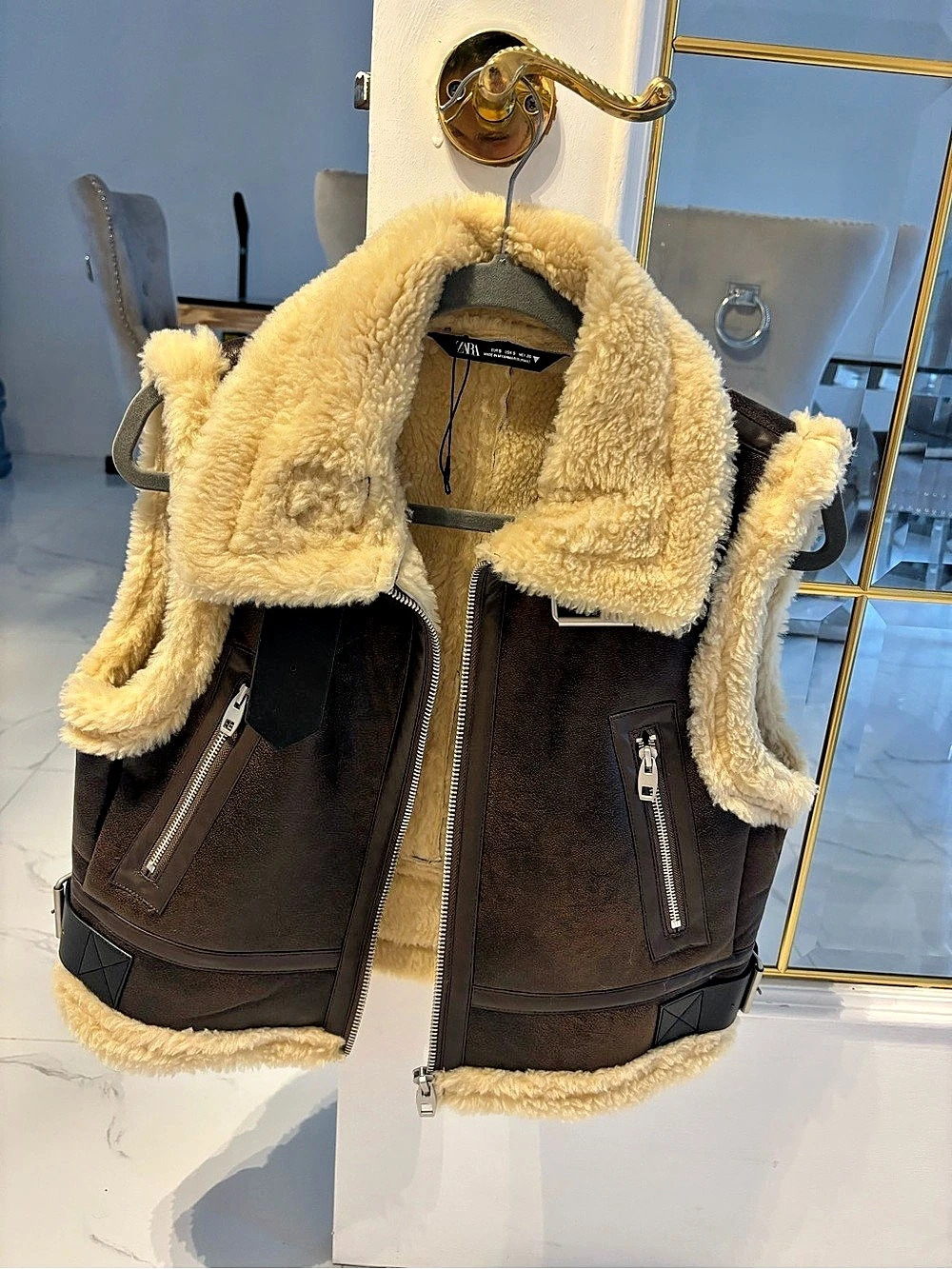 Zara Cropped Double Faced Faux Shearling Vest Brown